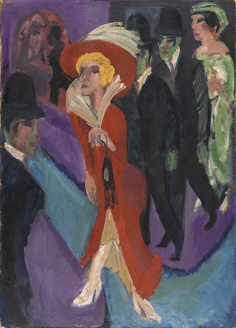 Calle con buscona de rojo. Kirchner, 1914