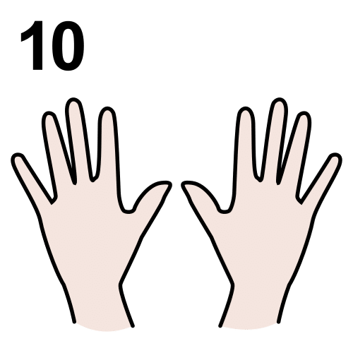 Número diez y dos manos con todos los dedos extendidos.