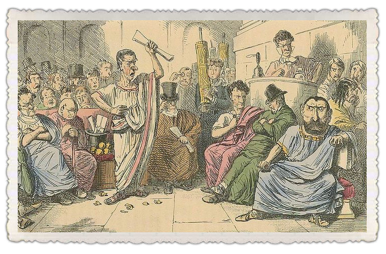 Caricatura de Cicerón acusando a voces a Catilina en el Senado