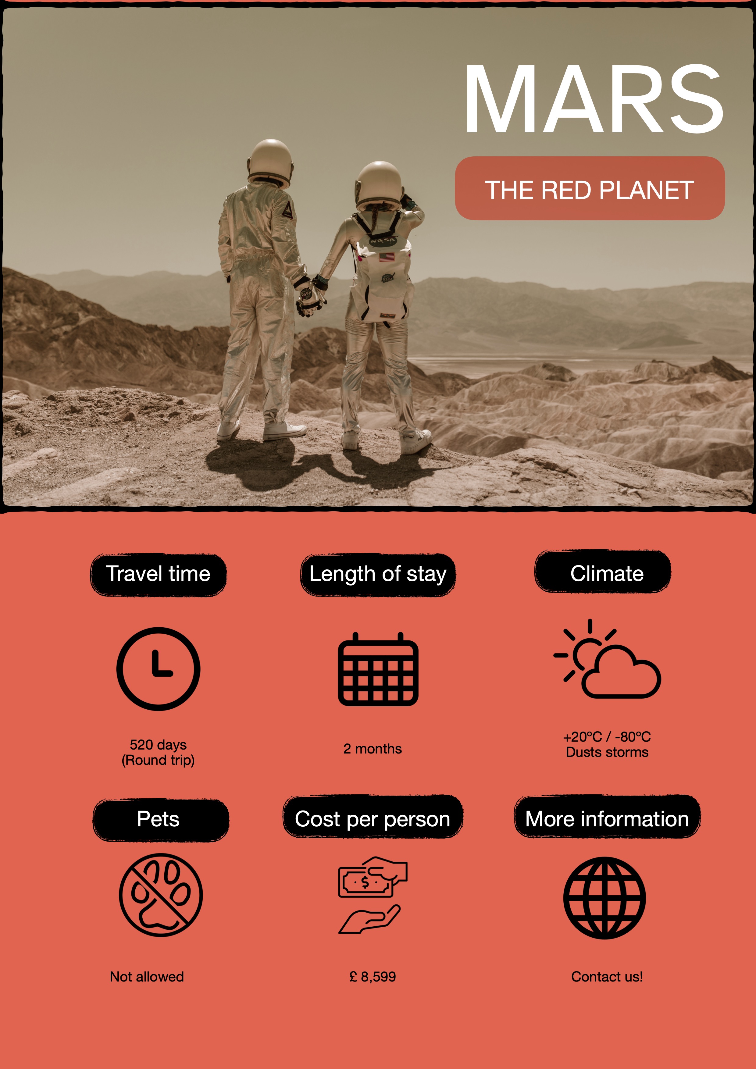 Folleto de viaje con información sobre el planeta Marte