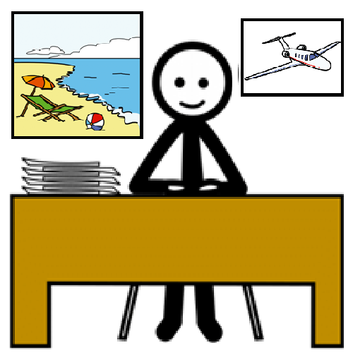 Persona sentada delante de una mesa trabajando. Detrás se pueden ver imágenes de una playa y de un avión