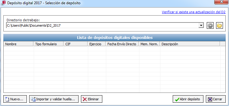 Pantalla del programa D" para presentar cuentas anuales