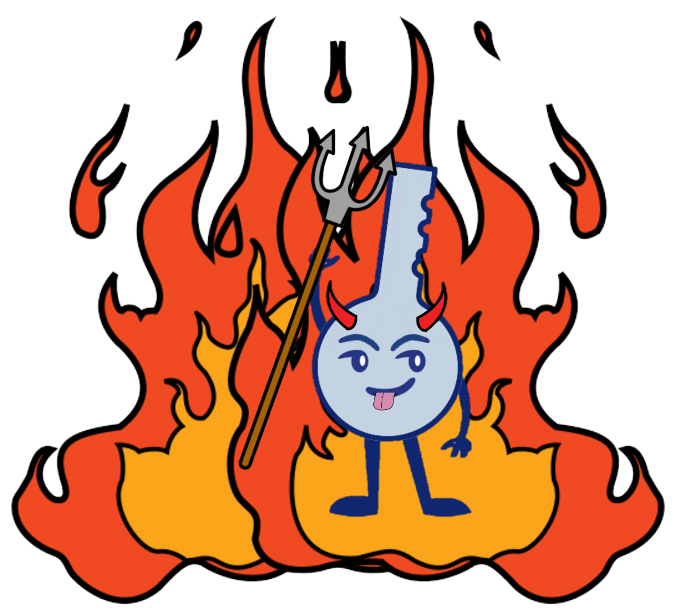 La imagen muestra una enorme llamarada de fuego y en primer término el personaje Clavis endiablado con un tridente en la mano y haciendo burlas con la lengua.