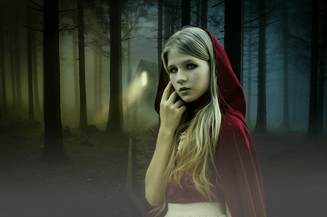 La imagen muestra a una adolescente vestida de caperucita roja.