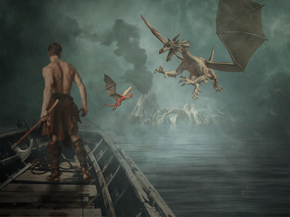 La imagen muestra a un hombre luchando con dragones.
