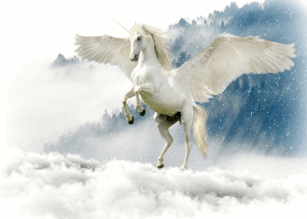 La imagen muestra un unicornio con alas volando en el cielo.