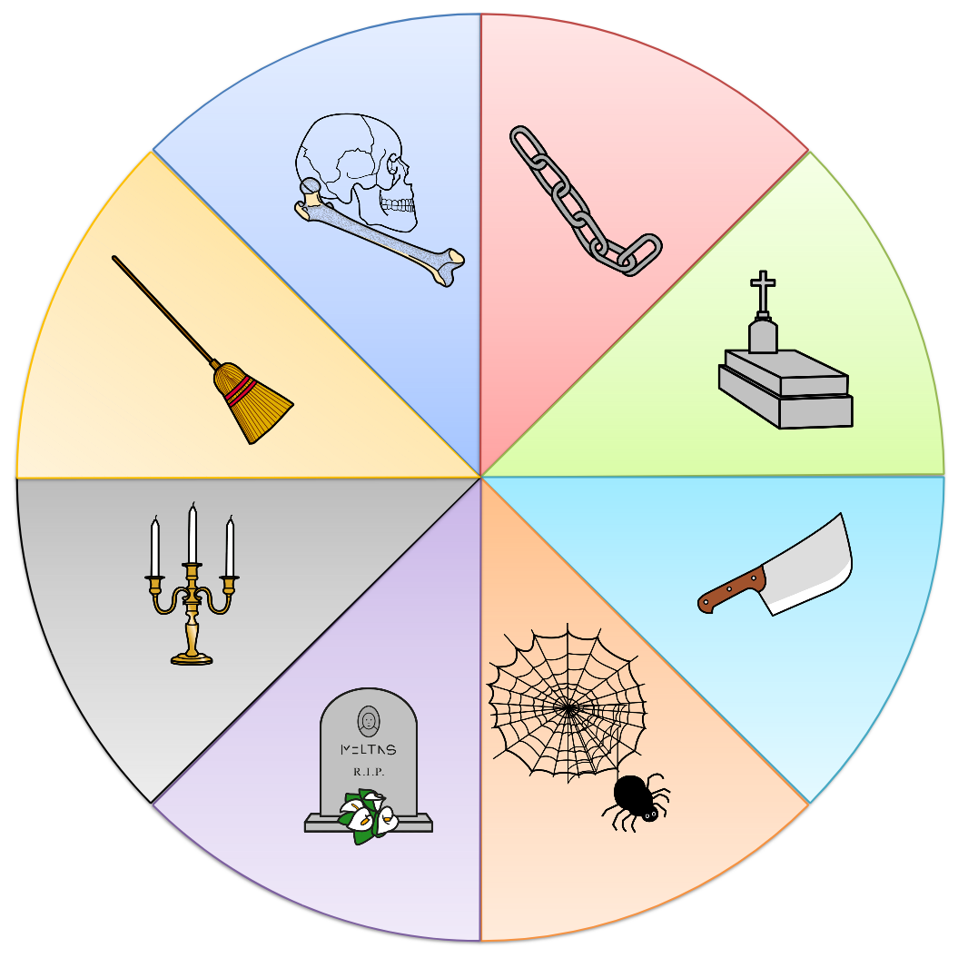 La imagen muestra una ruleta separada en ocho porciones, cada una de ellas de un color diferente que contienen ocho dibujos distintos.
