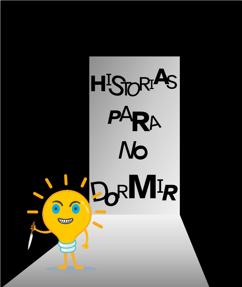 La imagen muestra una luz proyectada a través de una puerta oscura de la que sale la leyenda: “Historias para no dormir” y en la que se ve en primer plano el personaje Lumen empuñando un cuchillo con los ojos sobresaltados.