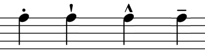Estaccato, Estaccatissimo, Marcato y Legato. Ejemplos de notas con Estaccato, Estaccatissimo, Marcato y Legato.