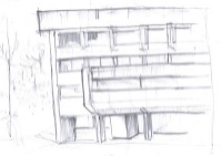 Hoja de papel blanca en la que hay un diseño de un edificio hecho a lápiz.