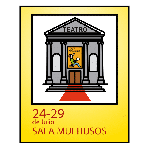 Imagen sobre fonde amarillo, en la que aprece un teatro romano con un actor y debajo un texto en el que se leeuna fecha y auditorio.