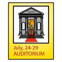 Imagen sobre fondo amarillo, en la que aparece un teatro romano con un actor y debajo un texto en el que se lee una fecha y auditorio.