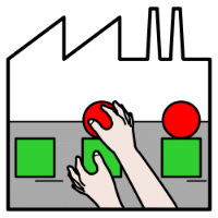 Imagen de la silueta de una fábrica en la que se ven dos manos colocando una bola roja sobre cubos verdes.