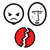 Dos caras con diferentes expresiones, una enfadado y otra triste con un círculo rojo partido por la mitad.