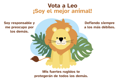 Cartel de un león con el texto 'Vota a Leo, soy el mejor animal. Mis fuertes rugidos te protegerán'