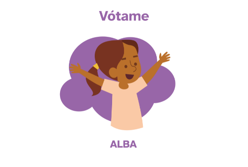 Cartel con la ilustración de una niña y el texto 'vótame''