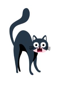 Dibujo de gato negro asustado con el pelo erizado.