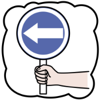 Una mano sujetando una señal redonda de fondo azul con una flecha hacia la izquierda.