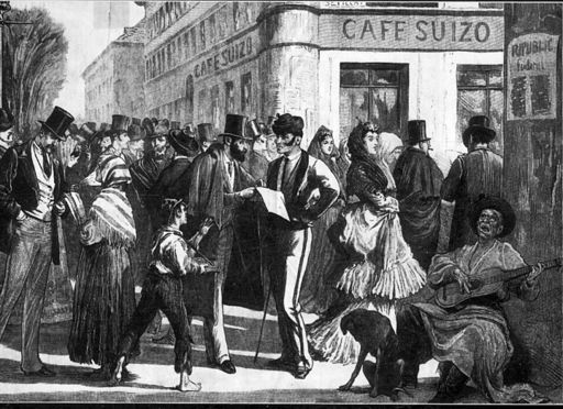 Dibujo (alegoría del Madrid de la segunda mitad del siglo XIX) con varios tipos castizos ante el Cafe Suizo