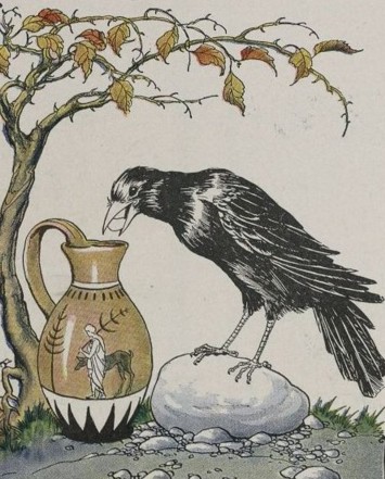 Un cuervo junto a una cerámica griega