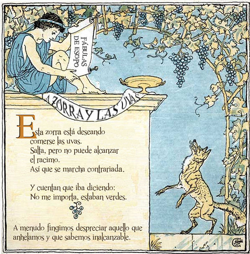 Texto e ilustración para la fábula de la zorra y las uvas