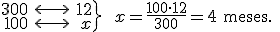 \left. \begin{array}{rcr} 300 & \longleftrightarrow  & 12 \\ 100 & \longleftrightarrow & x  \end{array}  \right\} \ \ x=\frac{100 \cdot 12}{300} = 4 \begin{verbatim} meses. \end{verbatim}
