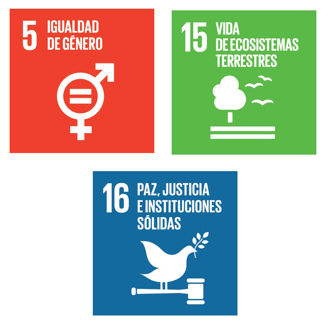 Logotipos de los objetivos 5, 15 y 16 ODS