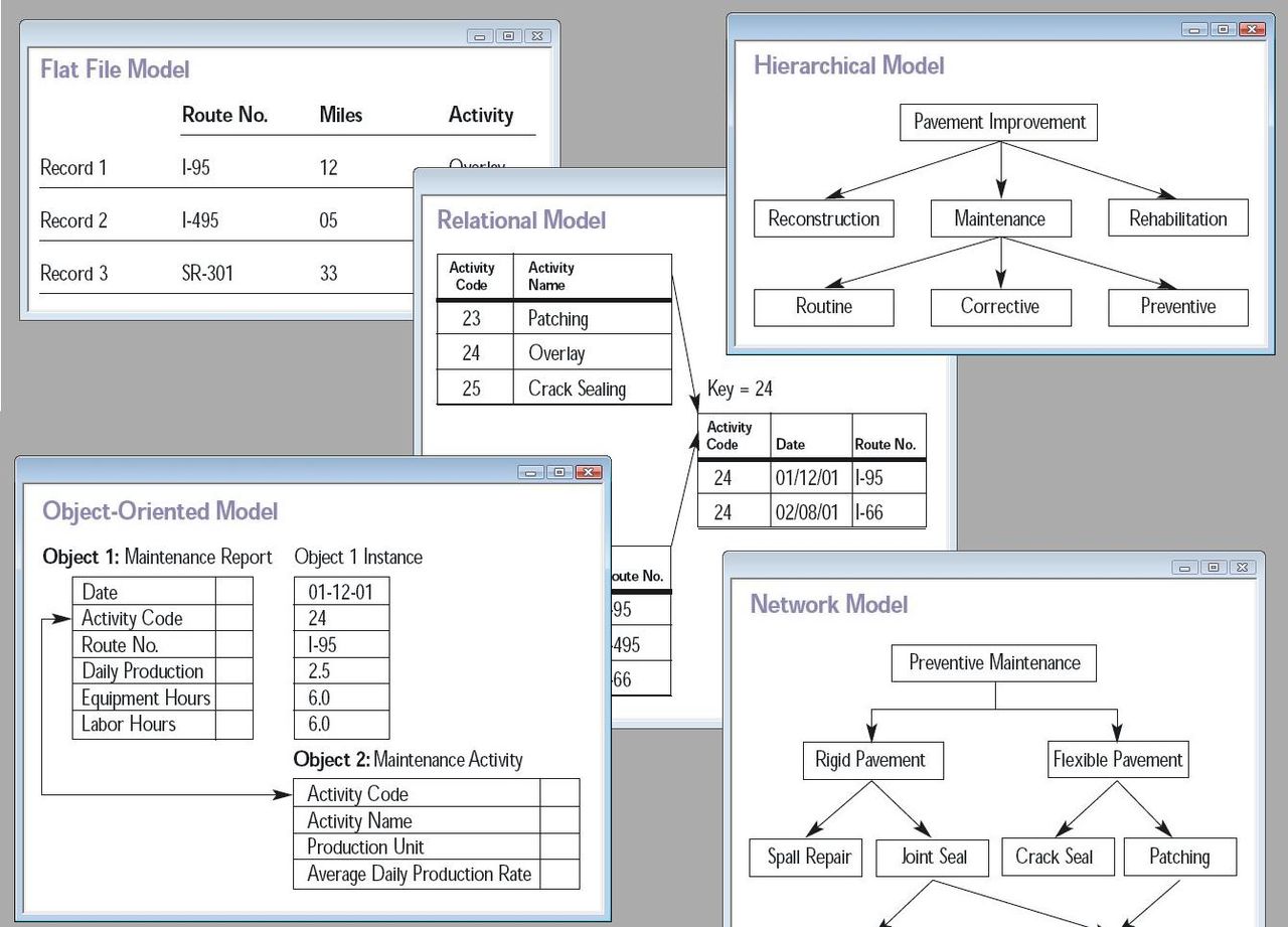 Distintos tipo de modelos de bases de datos: relacional, jerárquico, orientado a objetos, de red y de ficheros.