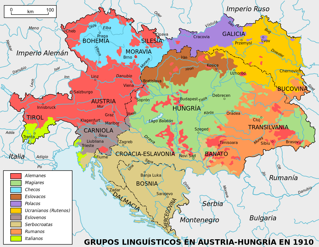 Mapa étnico del Imperio Austro - Húngaro según el censo de  1910