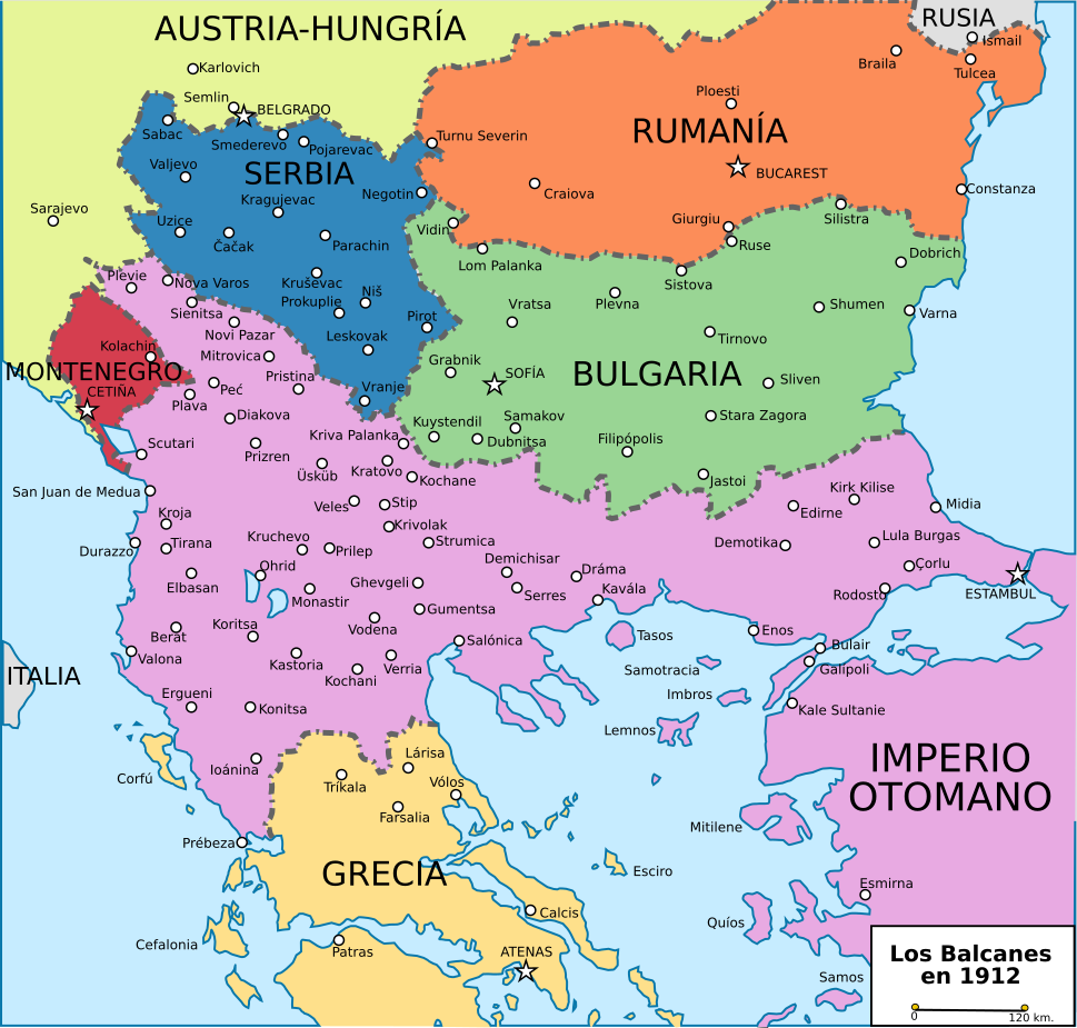 Mapa de los Balcanes en 1912, antes de la Primera Guerra de los Balcanes