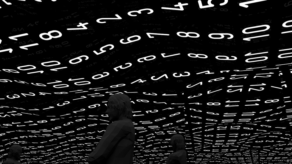 Personas bajo un cielo repleto de números.