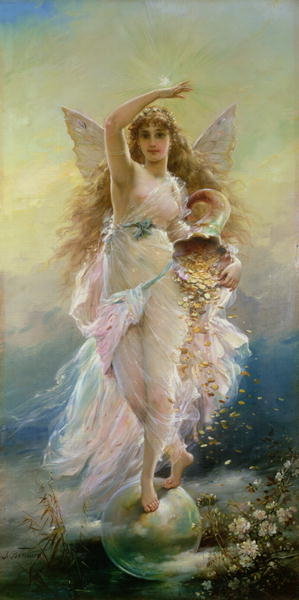 Alegoría de la diosa Fortuna con la cornucopia, el cuerno de la abundancia, de la que caen monedas