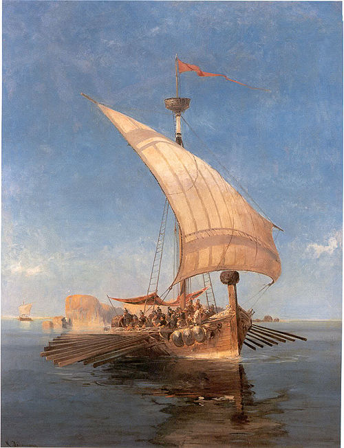 Una nave surca el mar con los argonautas a bordo