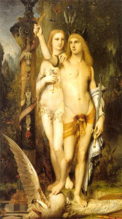 Jasón posa vencendor del dragón con Medea a su espalda