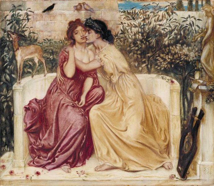 Representación idealizada de las dos poetas griegas Safo y Erina en un jardín