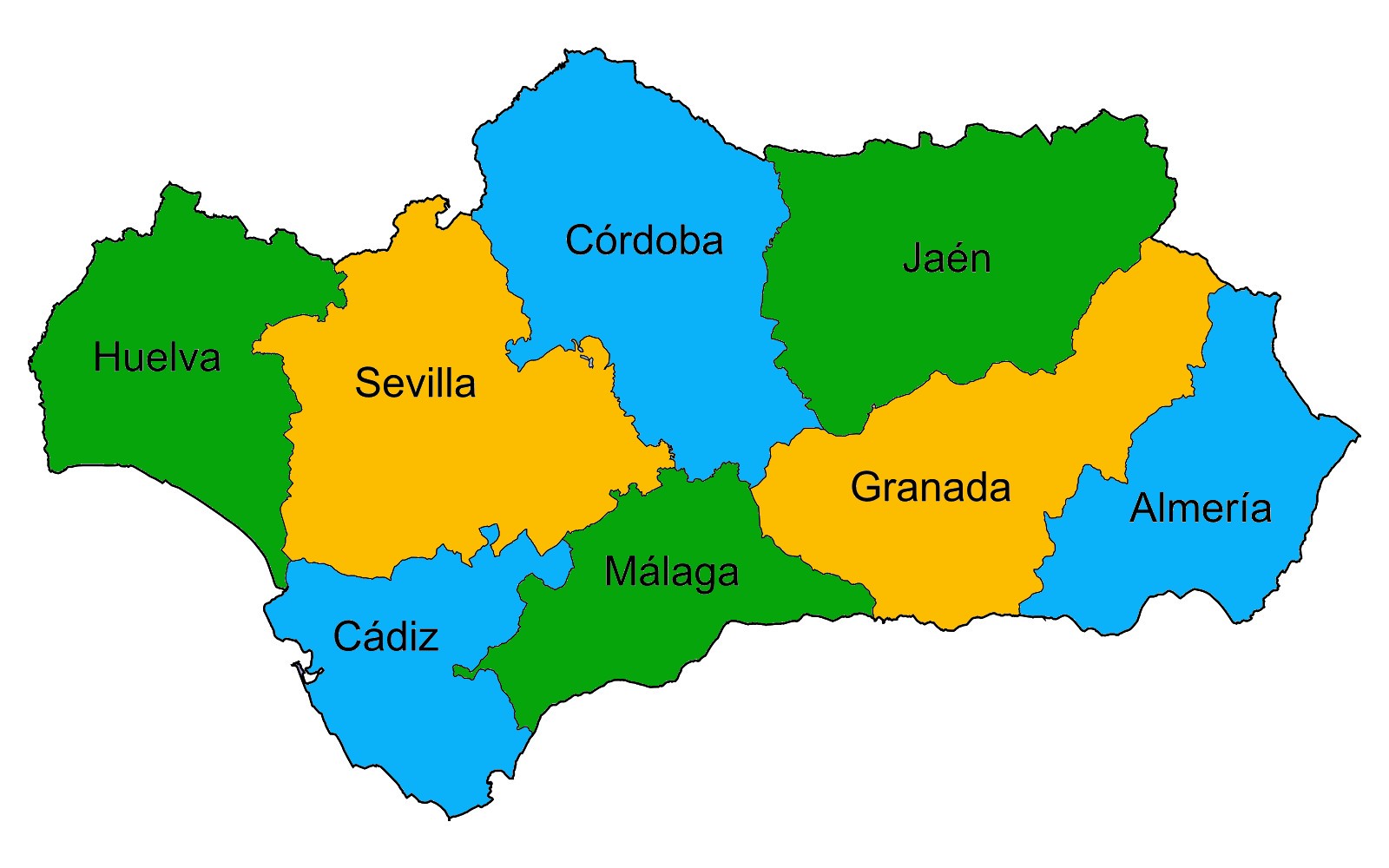 Mapa coloreado de las provincias de Andalucía