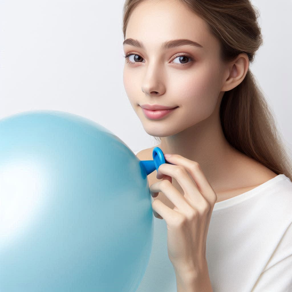 Mujer hinchando un globo.