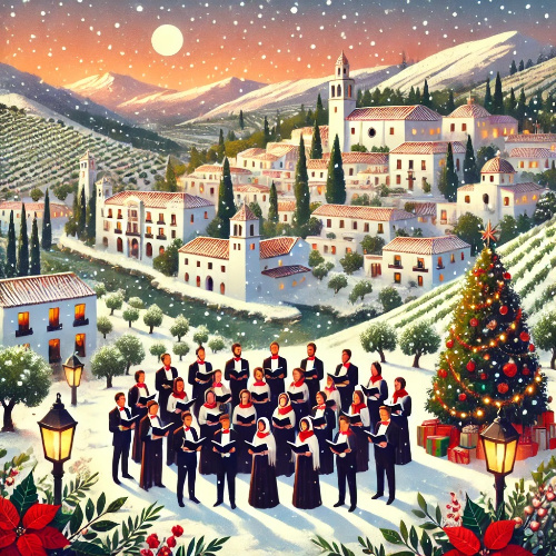 Andalucía Navidad. Coro cantando delante de un típico pueblo andaluz.