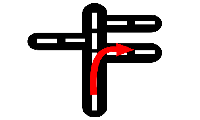 Imagen de una carretera y una flecha roja indica la acción: “girar a la derecha”