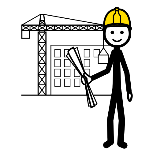 Una persona con un rollo de papel en una mano y un casco en la cabeza delante de una grúa y un edificio