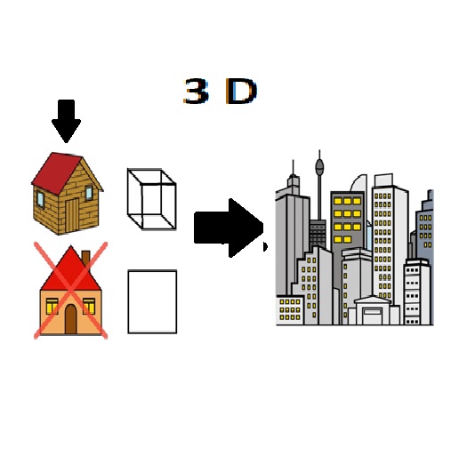 Una casa con alto y ancho tachada   y al lado un cuadrado. Otra casa con alto, ancho y largo, y  al lado un cubo. Una flecha indicando una ciudad.