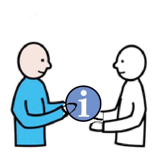 Una persona le da un objeto  con el símbolo “i” de información a otra.La otra lo recibe con los brazos extendidos