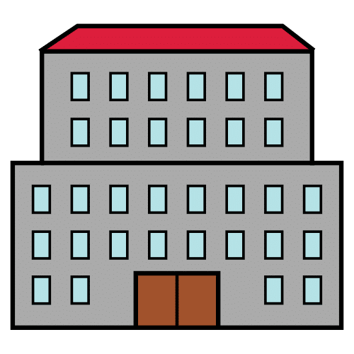 Un edificio con dos plantas, muchas ventanas, una puerta central grande y un tejado