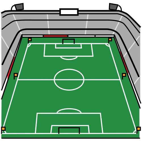 Un campo de fútbol rectangular con las gradas alrededor y una portería en cada lado más corto