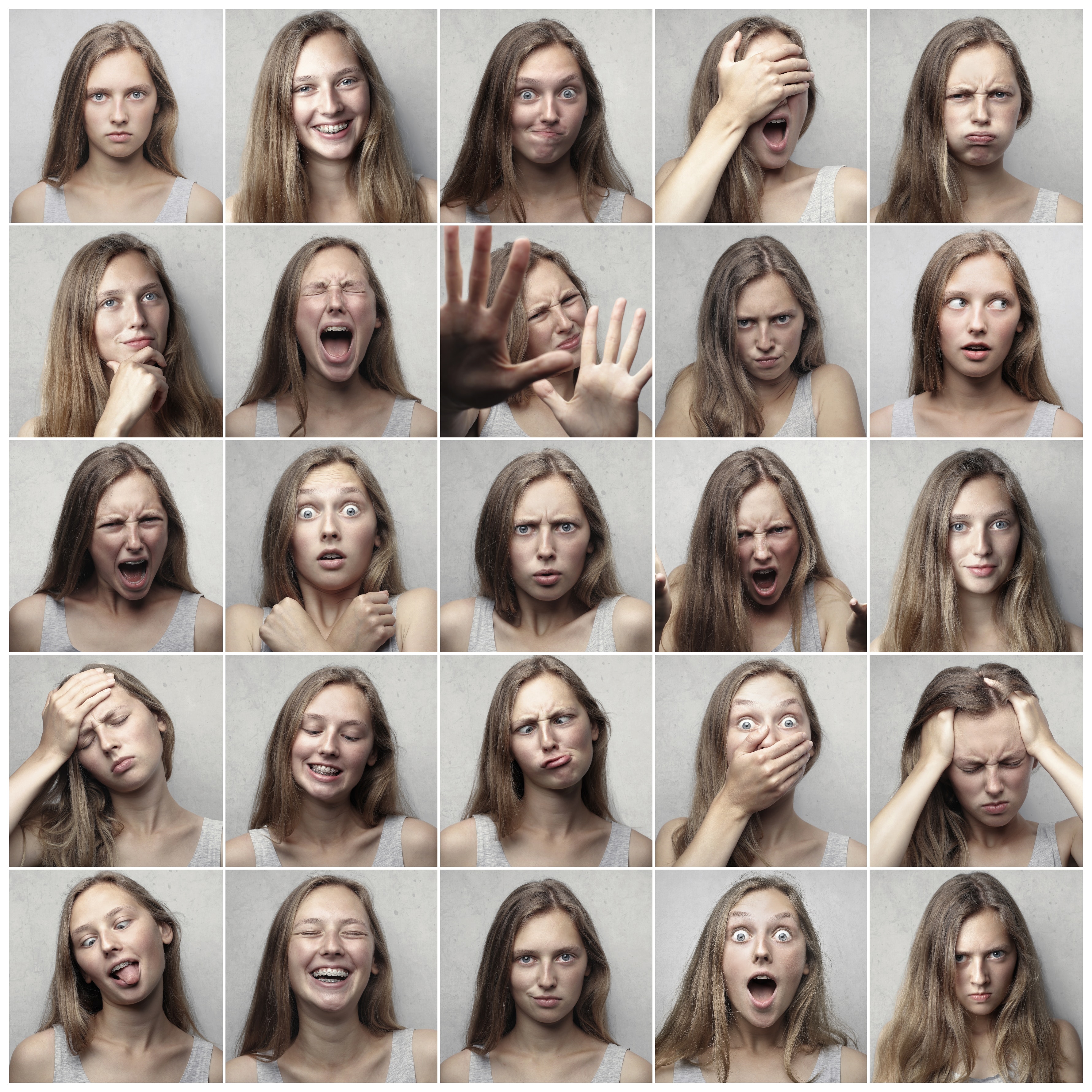 Diferentes imágenes de una misma chica expresando distintos sentimientos