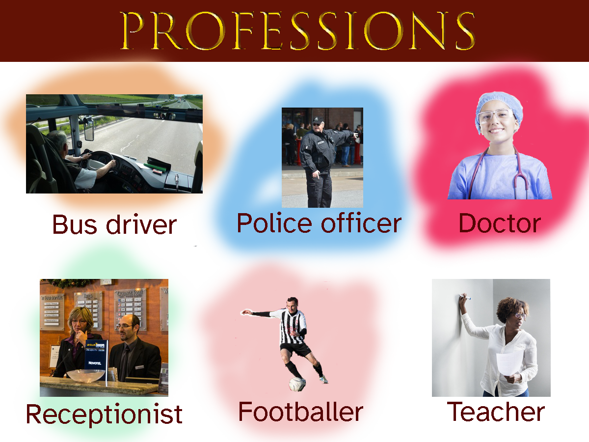 Esta imagen titulada “Professions” contiene las imágenes de seis personas que representan diferentes profesiones, con sus correspondientes nombres, distribuidas en dos filas. En la fila superior, de izquierda a derecha, están “bus driver”, “police officer”, “doctor”. Y en la fila inferior, también de izquierda a derecha, “receptionist”, “footballer”, “teacher”.