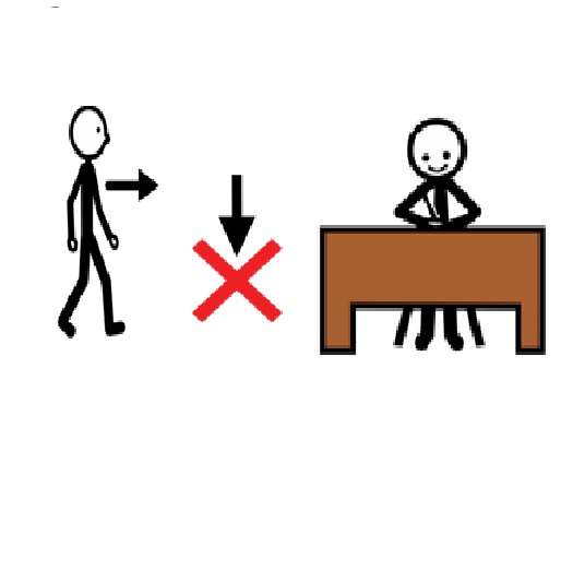Una persona andando, a continuación una flecha negra en el sentido de su marcha, después un aspa roja con una flecha encima y por último y más a la derecha una persona sentada en una silla delante de una mesa