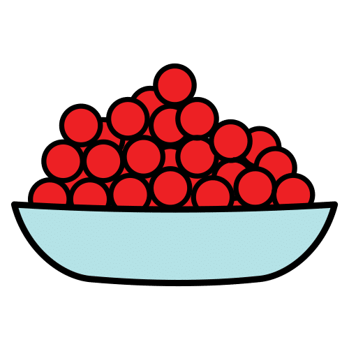 Un plato hondo  lleno de bolas rojas