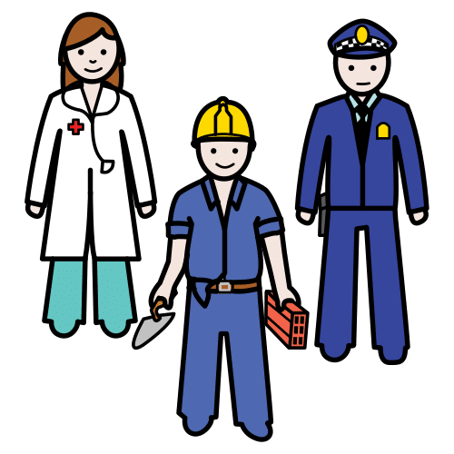 Tres personas vestidas con su uniforme de trabajo, una médica con bata blanca, un albañil con mono, casco y herramientas y un policía con traje azul, gorra y placa