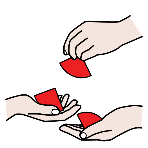 Una mano repartiendo un papel a cada una de otras dos manos.